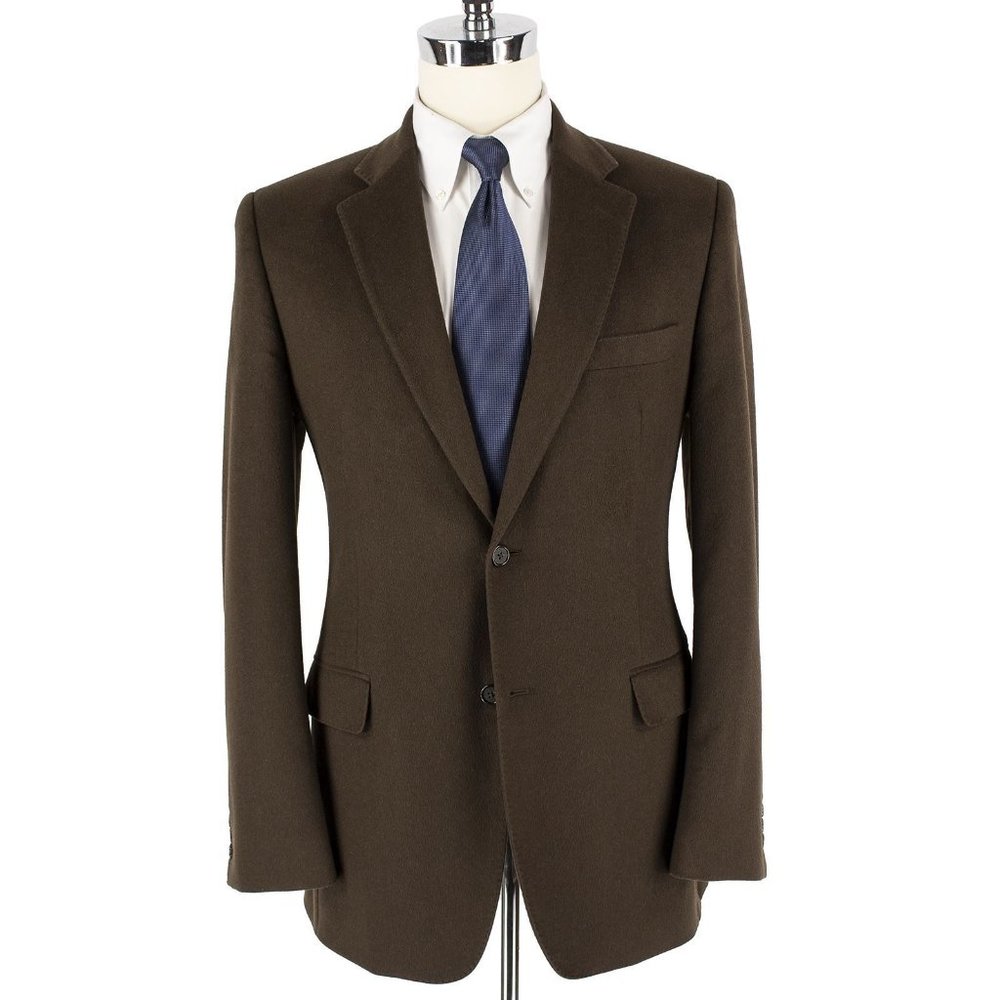 BLOOMINGDALE'S BROWN 100% CASHMERE FLANNEL TOP STITCH DUAL VENTS 2BTN JACKET 40L